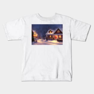 Old , ancient European village , town in winter horror design Kids T-Shirt